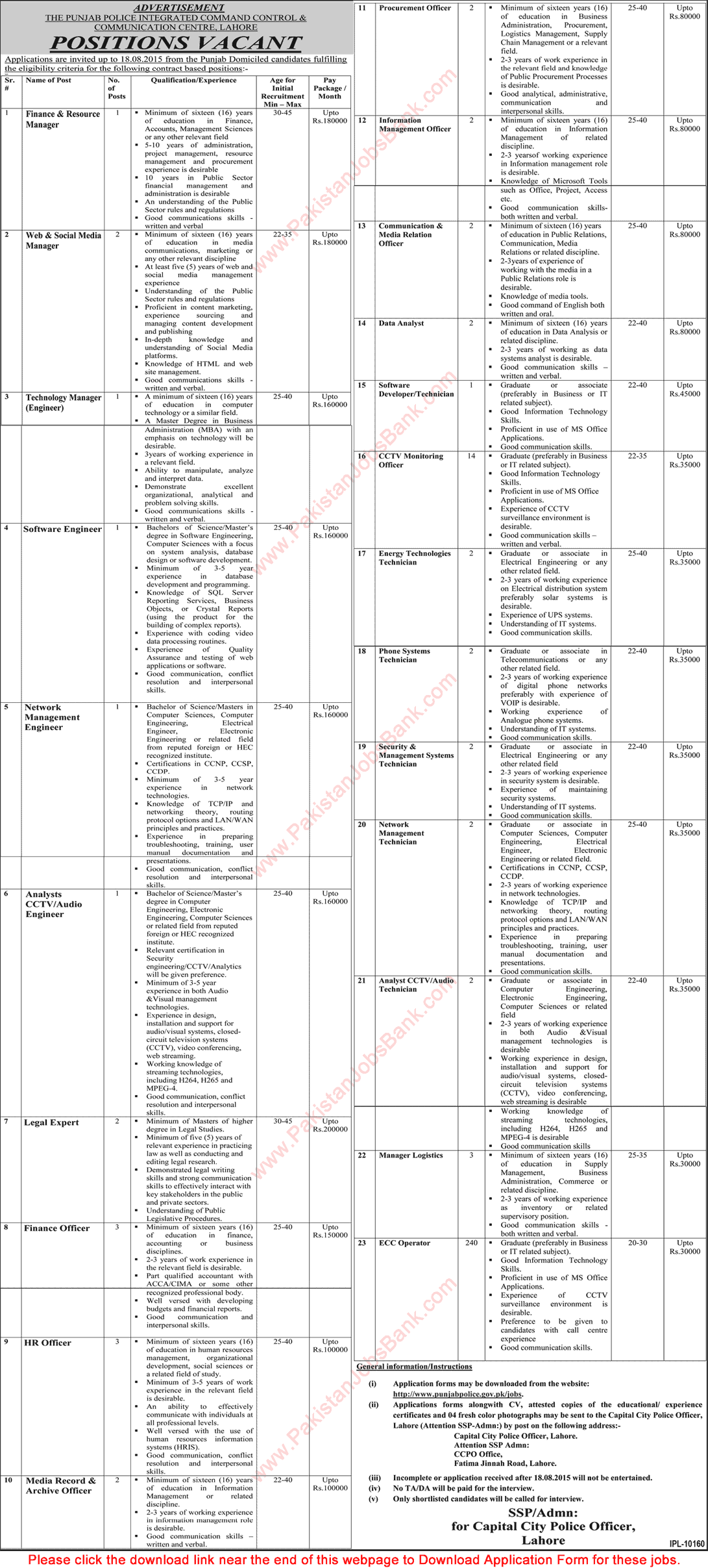 Jobs in Punjab Police Integrated Command & Control Communication Center Lahore 2015 July / August Application Form