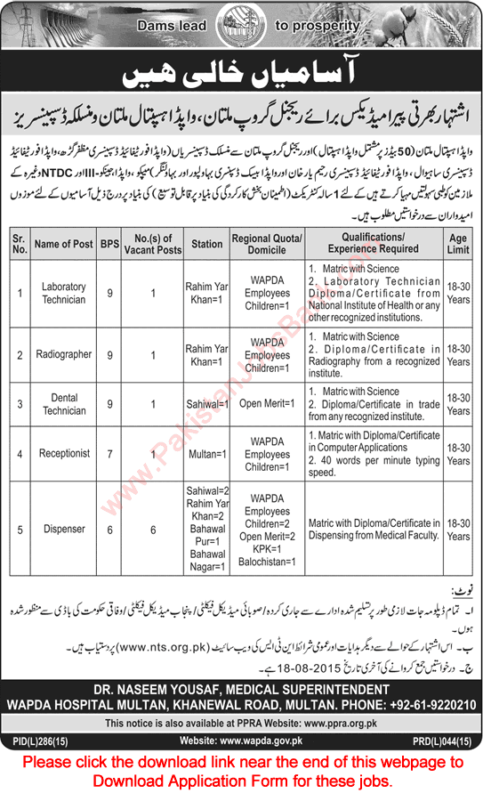 WAPDA Hospital Multan & Allied Dispensaries Jobs 2015 July / August NTS Application Form Download