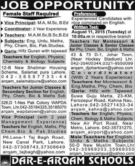 Dar-e-Arqam School Lahore Jobs 2015 August Teaching Faculty & Admin Staff Latest