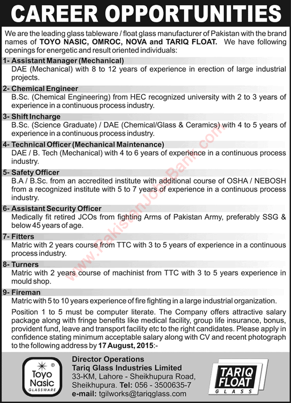 Tariq Glass Industries Sheikhupura Jobs 2015 August Mechanical / Chemical Engineers, Technicians & Others