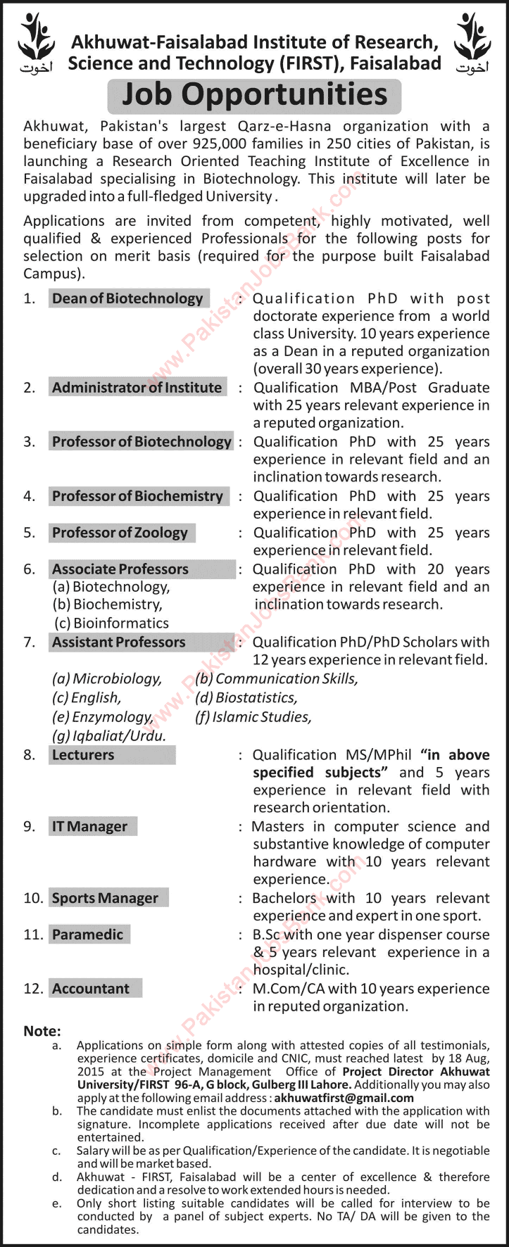 Faisalabad Institute of Research, Science and Technology Jobs 2015 August Akhuwat Teaching & Admin Staff