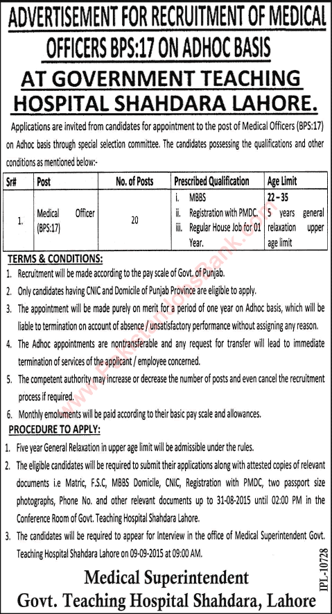 Medical Officer Jobs in Government Teaching Hospital Shahdara Lahore 2015 August Latest