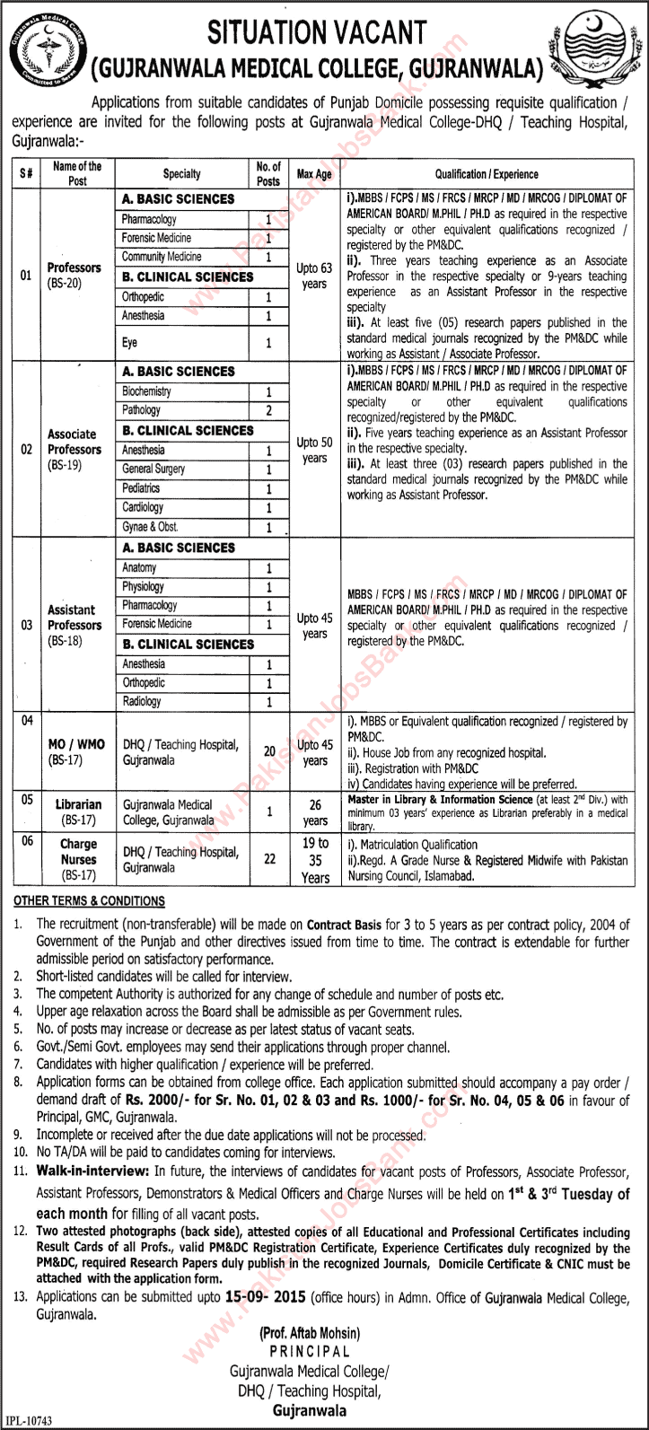 Gujranwala Medical College Jobs 2015 August Teaching Faculty, Medical Officers, Nurses & Librarian