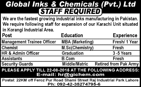 Global Inks & Chemicals Pvt. Ltd Karachi Jobs 2015 August Management Trainees, HR / Admin Officers & Others