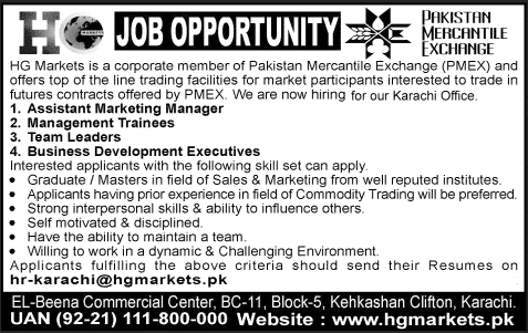 HG Markets Karachi Jobs 2015 August Management Trainees, Business Development Executives & Others