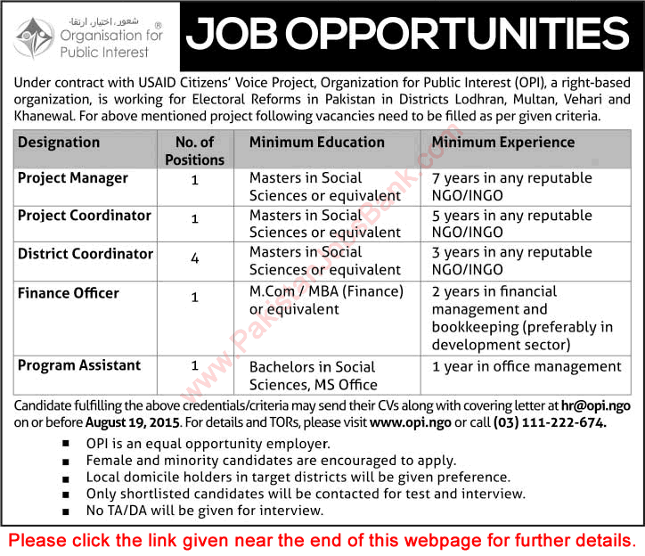 Organization for Public Interest Pakistan Jobs 2015 August for USAID Citizens' Voice Project Latest