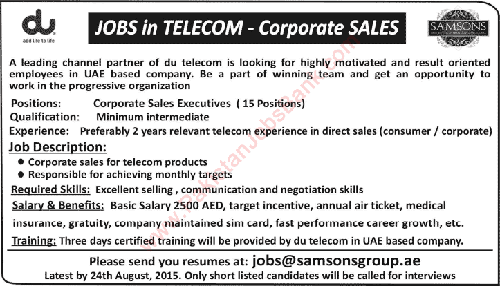 Corporate Sales Executives Jobs in UAE 2015 August at Samsons Group of Companies for du Telecom