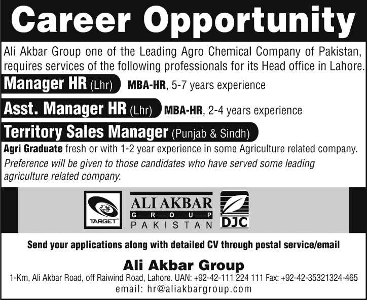 HR & Sales Manager Jobs in Ali Akbar Group Pakistan 2015 August Latest