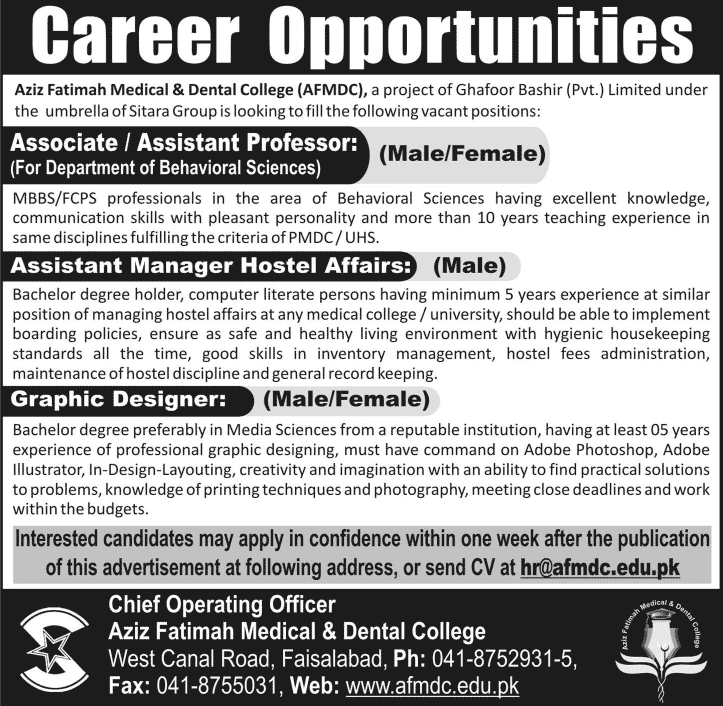 Aziz Fatimah Medical & Dental College Faisalabad Jobs 2015 August Professors, Graphic Designer & Hostel Manager