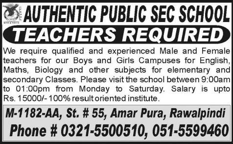 Teaching Jobs in Rawalpindi August 2015 Authentic Public Secondary School Latest
