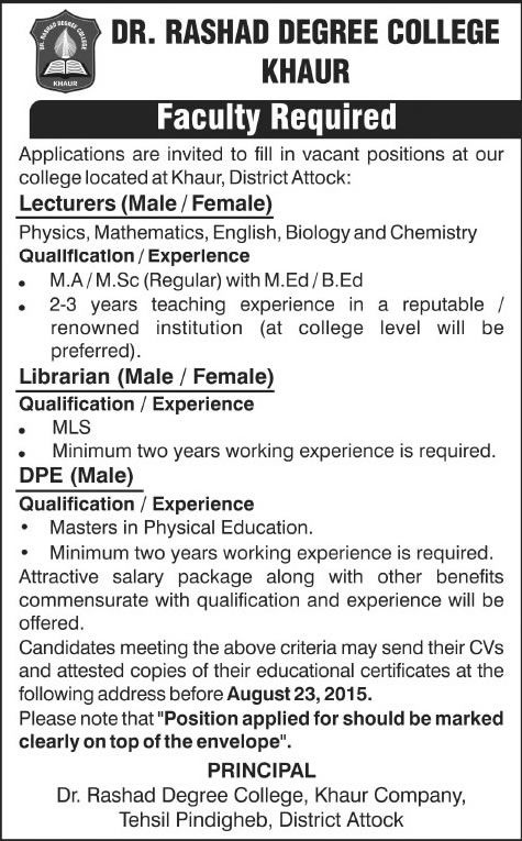 Dr. Rashad Degree College Khaur Jobs 2015 August Attock Lecturers, Librarian & DPE