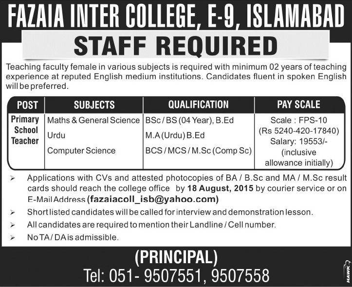 Fazaia Inter College Islamabad Jobs 2015 August Primary School Teachers / Teaching Faculty