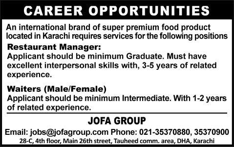 Restaurant Manager & Waiter Jobs in Karachi 2015 August at Jofa Group