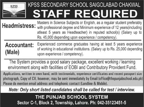 Headmistress & Accountant Jobs in Chakwal 2015 August KPSS Secondary School Sahgalabad