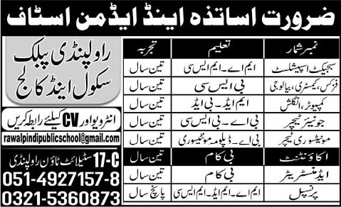 Rawalpindi Public School and College Jobs 2015 August Teaching Faculty & Admin Staff Latest