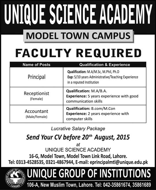 Unique Science Academy Lahore Jobs 2015 August Principal, Receptionist & Accountant Latest