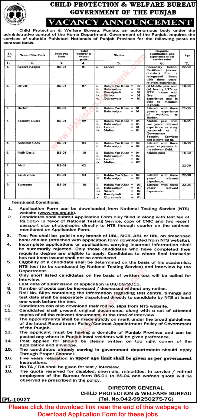 Child Protection and Welfare Bureau Punjab Jobs 2015 August NTS Application Form Download Latest