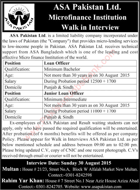 ASA Pakistan Jobs 2015 August Loan Officers in Microfinance Bank Interview Schedule Latest