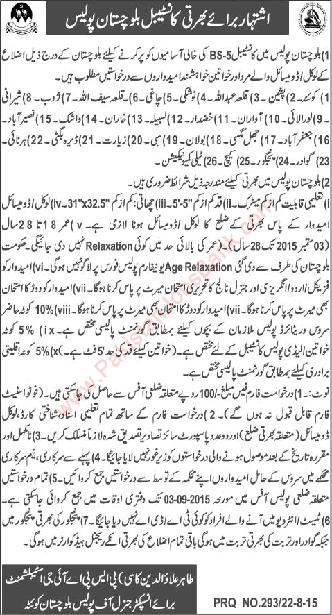 Constable Jobs in Balochistan Police 2015 August Latest Advertisement
