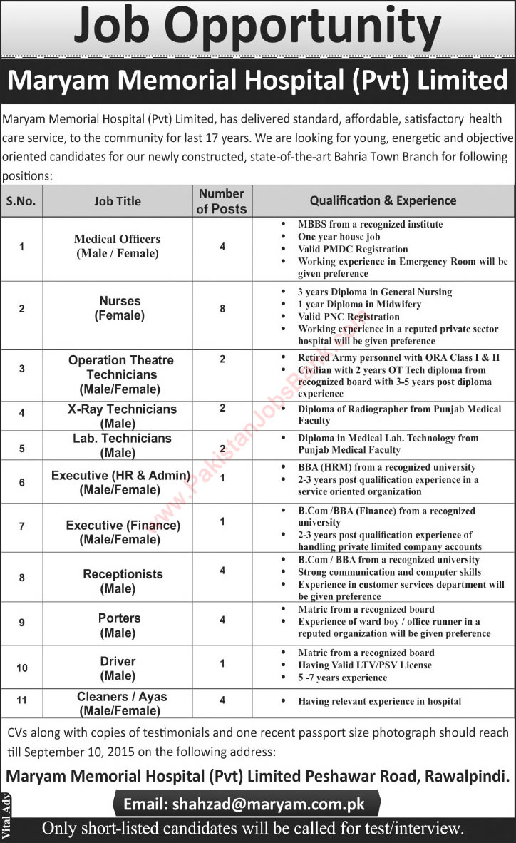 Maryam Memorial Hospital Rawalpindi Jobs 2015 August Medical Officers, Nurses, Paramedical & Admin Staff