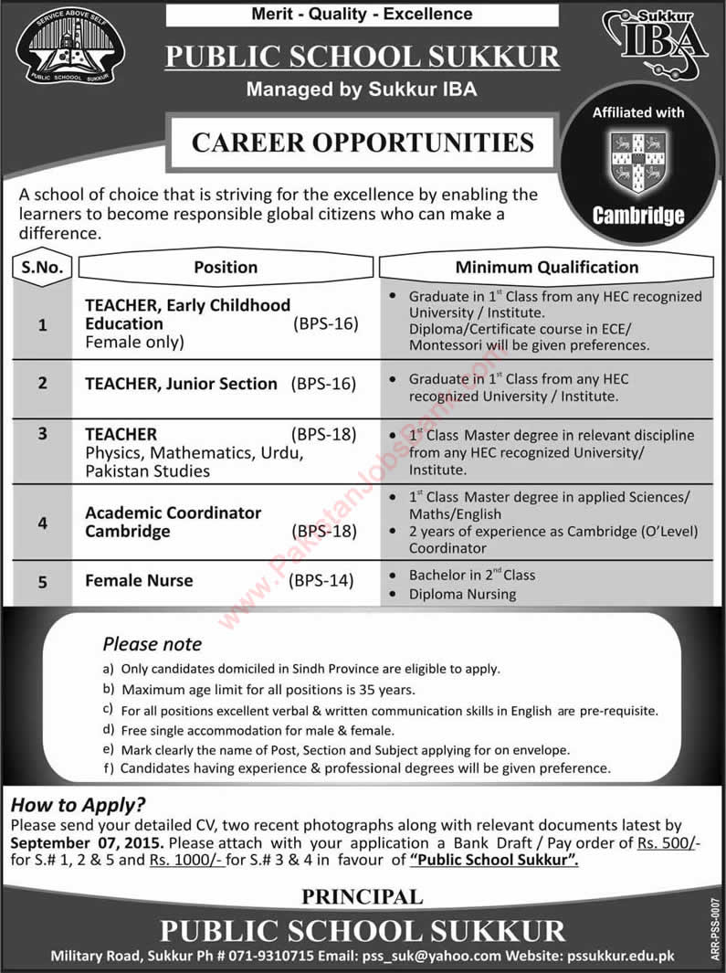 Public School Sukkur Jobs 2015 August IBA Teaching Faculty, Academic Coordinator & Nurse Latest