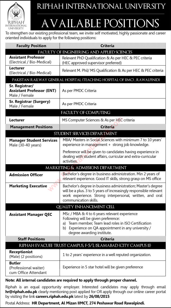 Riphah International University Jobs 2015 August Teaching Faculty & Admin Staff Latest