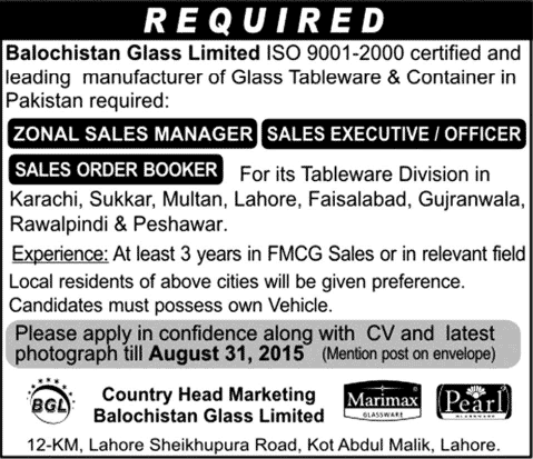 Balochistan Glass Limited Jobs 2015 August Sales Manager / Executives / Officer & Order Booker