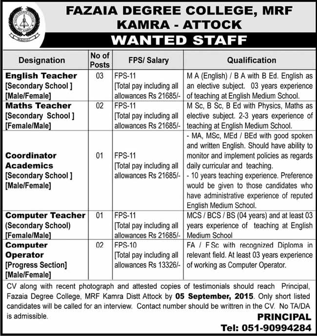 Fazaia Degree College MRF Kamra Jobs 2015 August Teaching Faculty, Coordinator & Computer Operators