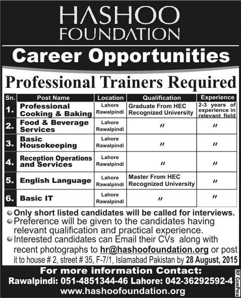 Hashoo Foundation Jobs 2015 August Lahore / Rawalpindi Professional Trainers Latest