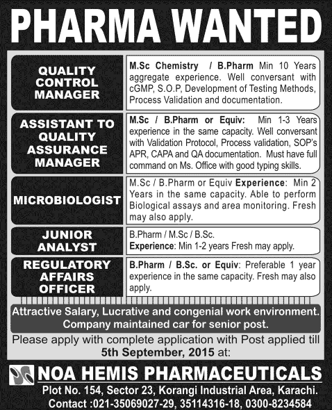 NOA HEMIS Pharmaceuticals Karachi Jobs 2015 August Quality Managers, Microbiologist & Pharmacists