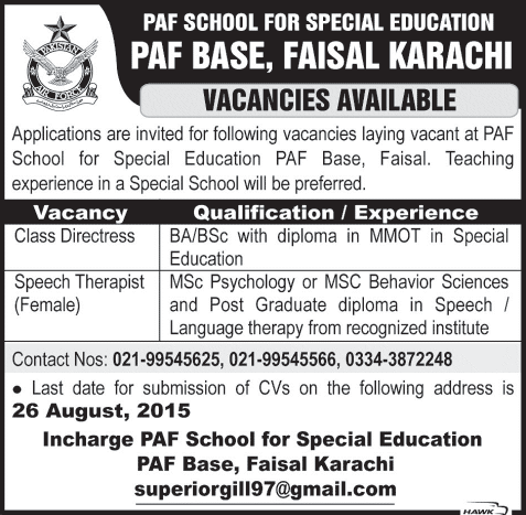 Class Directress & Speech Therapist Jobs in PAF School for Special Education Karachi 2015 August Faisal Base