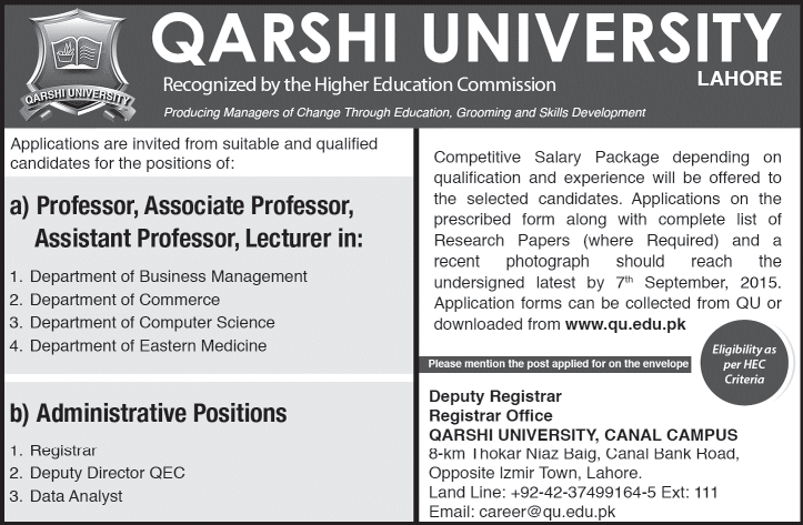 Qarshi University Lahore Jobs 2015 August Teaching Faculty & Administrative Staff Latest