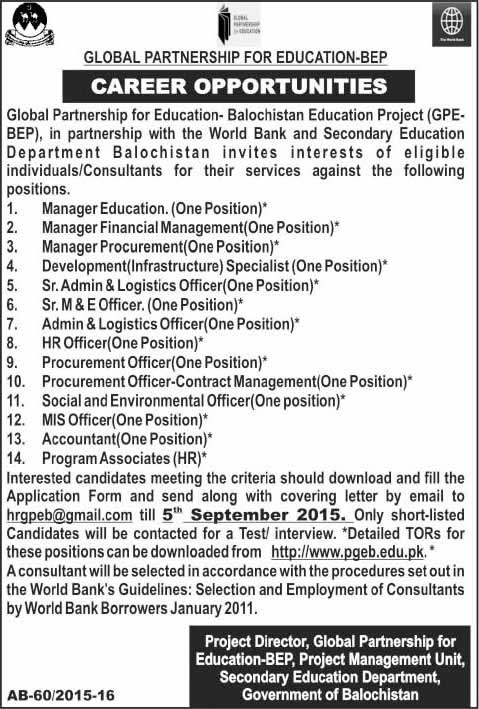 Global Partnership for Education Balochistan Education Project Jobs 2015 August GPE-BEP Latest