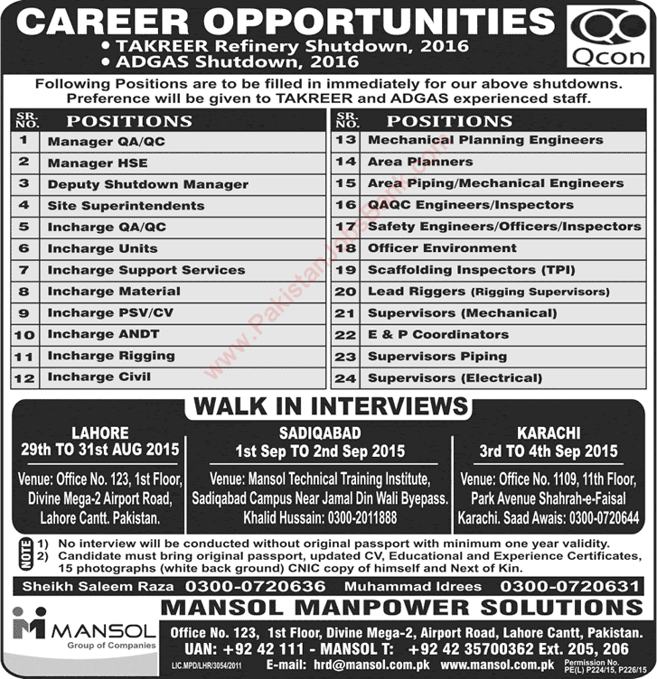 Shutdown Jobs in Abu Dhabi 2015 August for Pakistanis through Mansol Manpower Solutions Latest