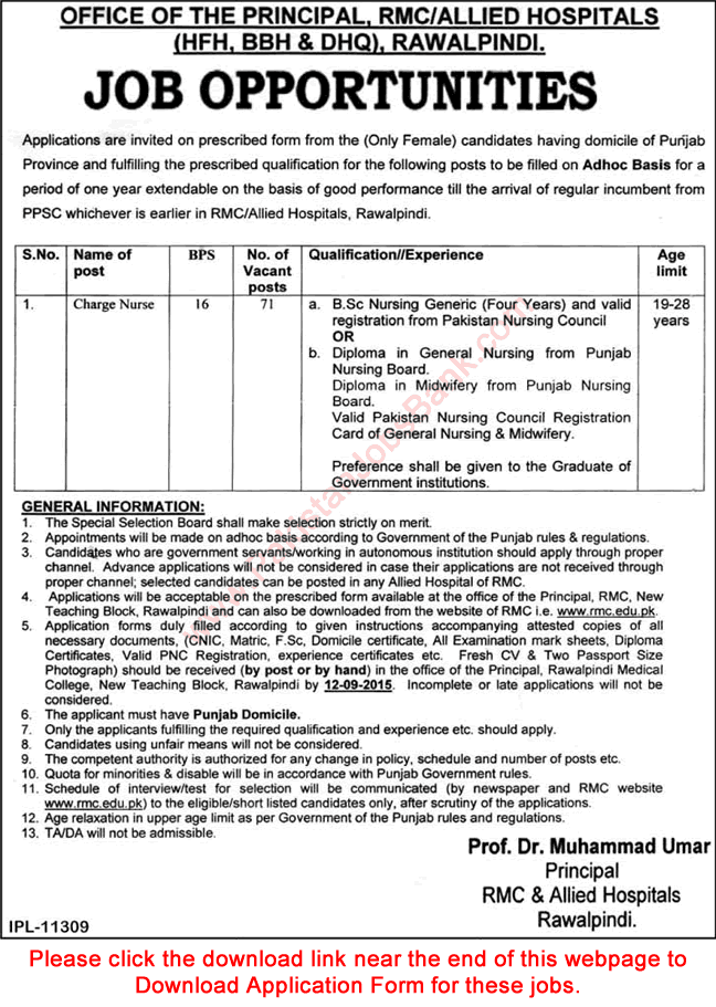 Charge Nurse Jobs in Rawalpindi Medical College & Allied Hospitals 2015 August Application Form Download