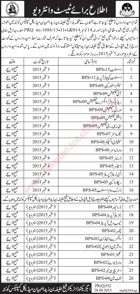 Sheikh Khalifa Bin Zayed Al Nahyan Medical Complex Quetta Jobs 2014 / 2015 Test / Interview Schedules