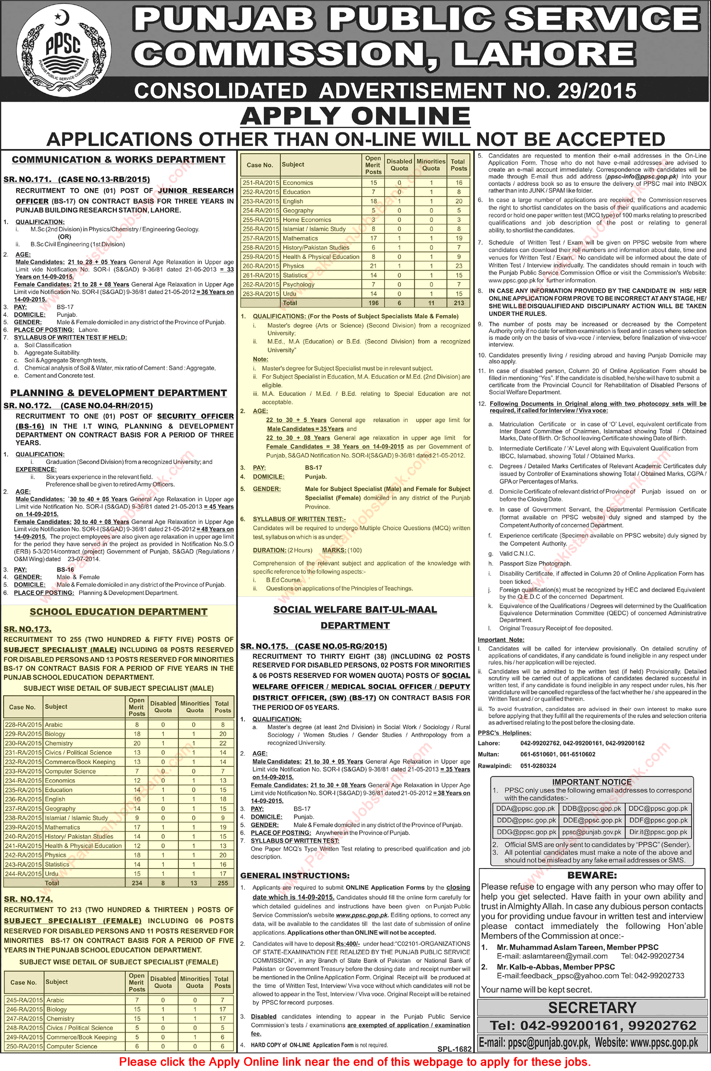 School Education Department Punjab Jobs 2015 August / September PPSC Subject Specialists Female / Male