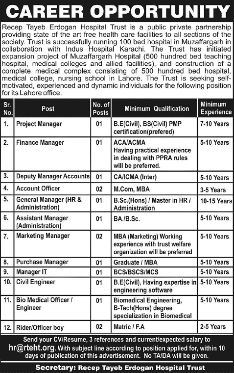 Recep Tayeb Erdogan Hospital Trust Lahore Jobs 2015 August / September Engineers & Admin Staff