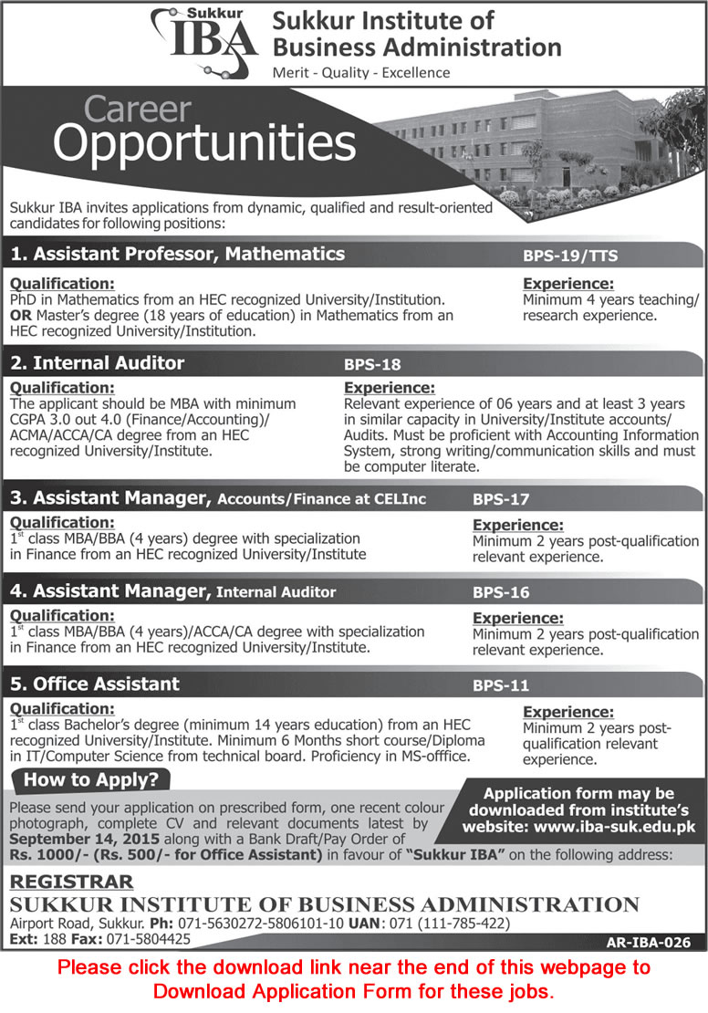 IBA Sukkur Jobs 2015 August / September Application Form Download Professor & Admin Staff