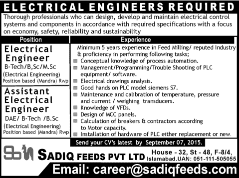 Sadiq Feeds Rawalpindi Jobs 2015 August / September Electrical Engineers Latest