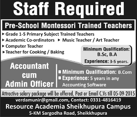 Resource Academia Sheikhupura Jobs 2015 August / September Teaching Faculty & Admin Staff