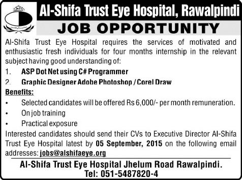 Al Shifa Trust Eye Hospital Rawalpindi Jobs 2015 August / September Trainee Software Engineer & Graphic Designer