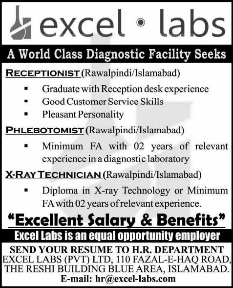 Excel Labs Islamabad Jobs 2015 August / September Receptionist, Phlebotomist & X-Ray Technician