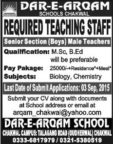 Teaching Jobs in Dar-e-Arqam School Chakwal Jobs 2015 August / September