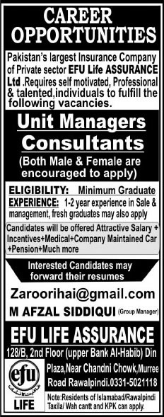 EFU Life Assurance Rawalpindi Jobs 2015 August / September Unit Managers & Consultants