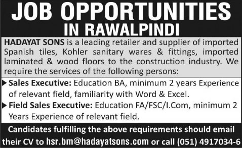 Sales Executive Jobs at Hadayat Sons Rawalpindi 2015 August / September Latest