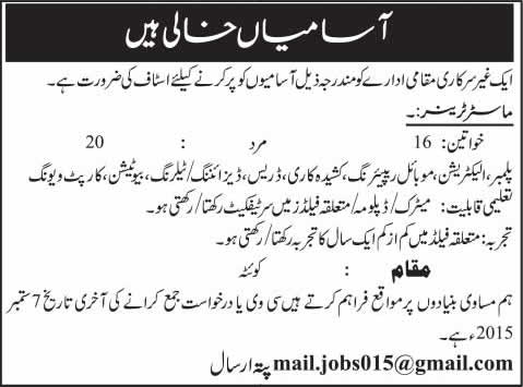 Master Trainer / Instructor Jobs in Quetta 2015 September Balochistan Latest