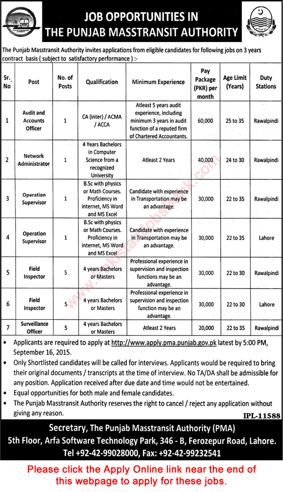 Punjab Metrobus Authority Jobs 2015 September Apply Online Field Inspector, Surveillance Officer & Others