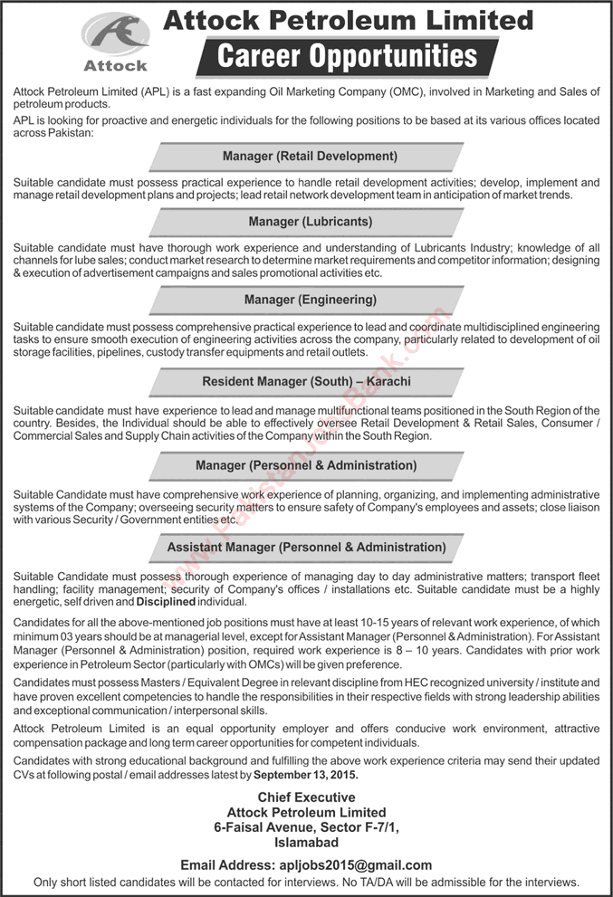 Attock Petroleum Limited Jobs 2015 September for Managers Latest Advertisement