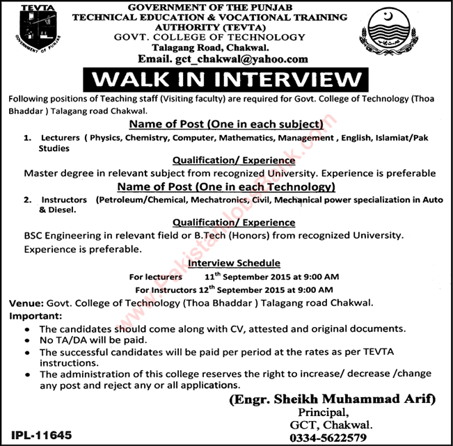 Government College of Technology Chakwal Jobs 2015 September TEVTA Teaching Faculty Latest